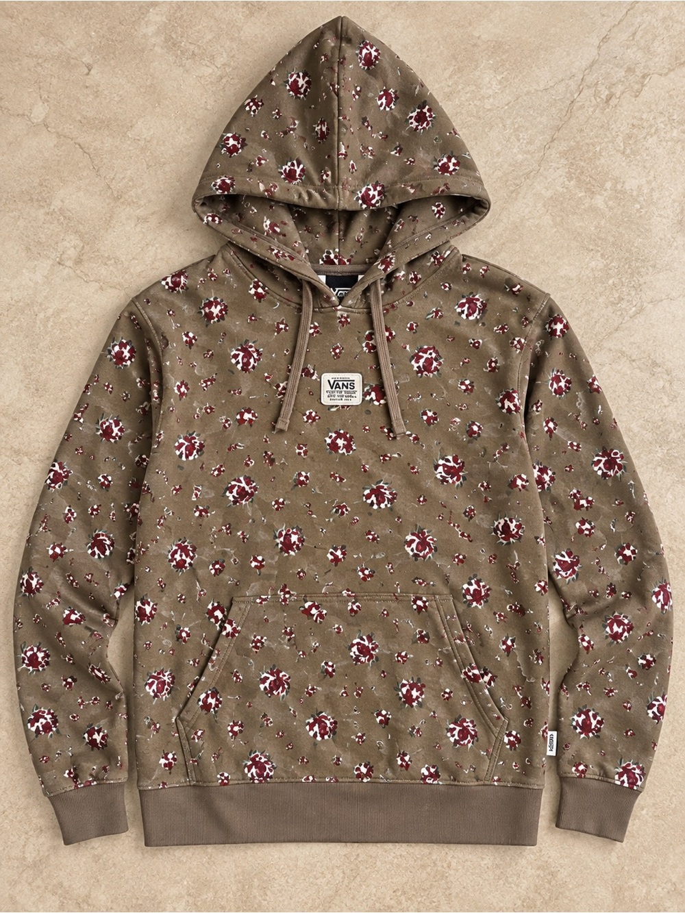 Vans Olive Hoodie with Burgundy and White Floral Print
